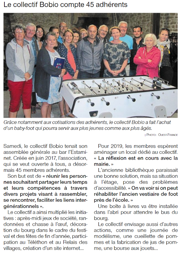 Ouest France 4 sept 2019 Le collectif Bobio compte 5 adhérents